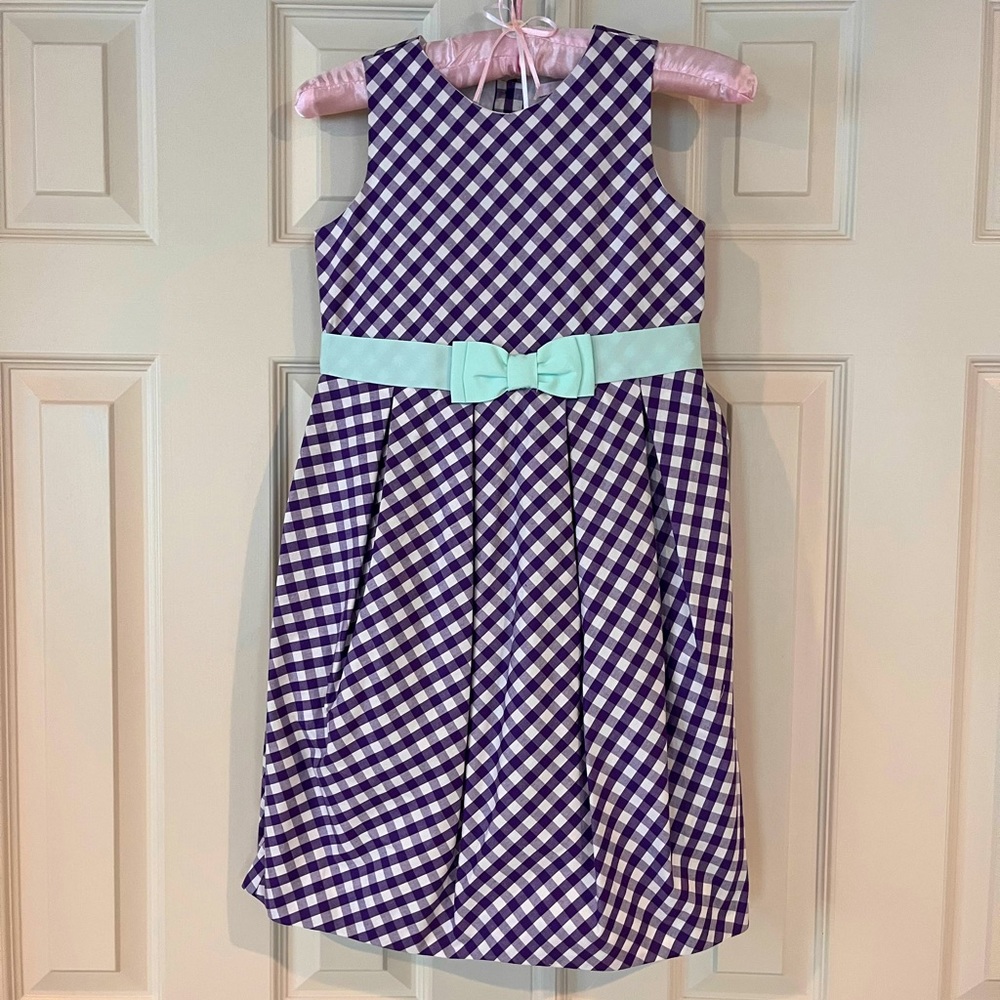 NWT cotton dress, purple and white gingham print with light turquoise bow waist